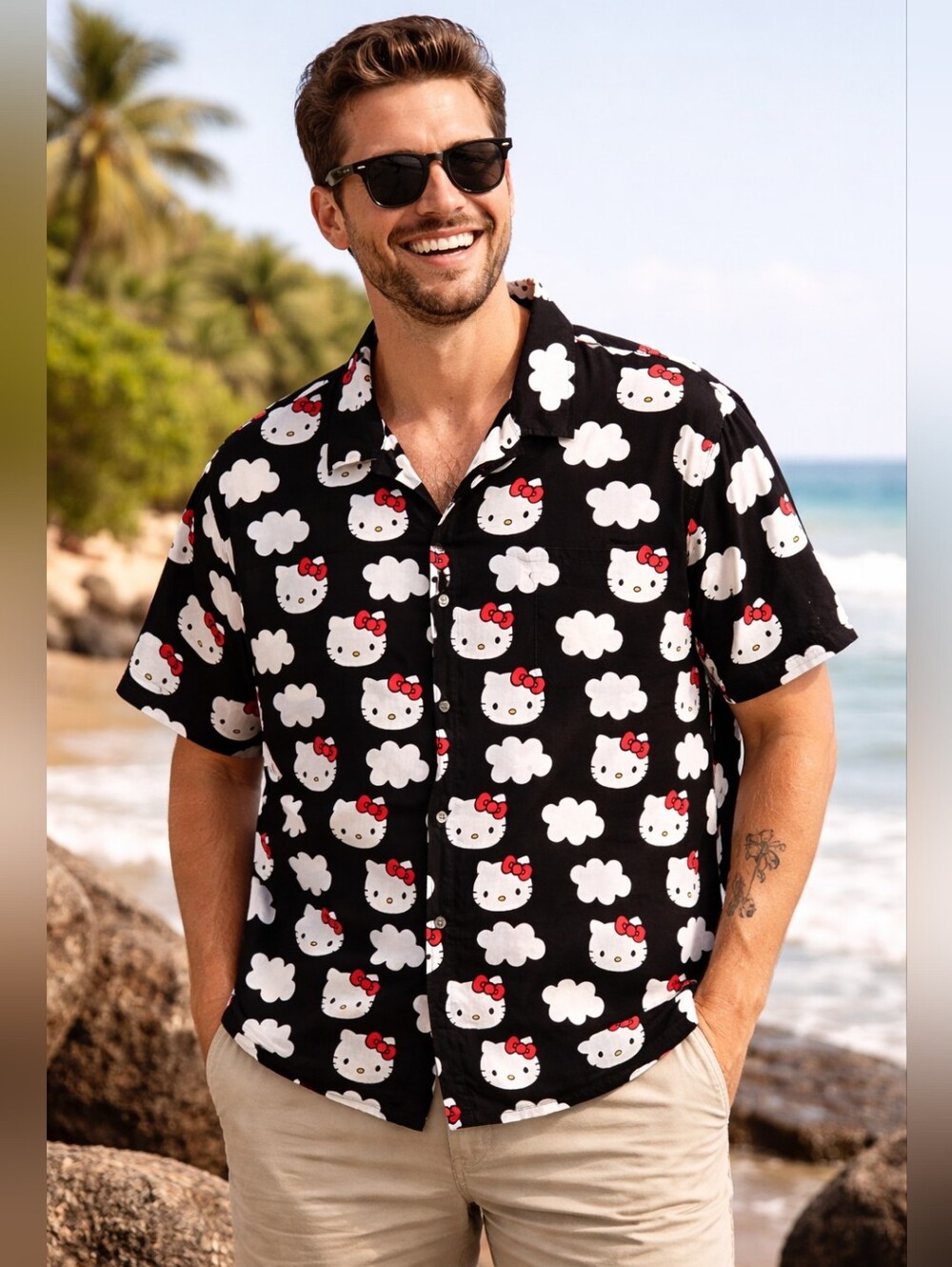 Hello Kitty Button-Up Shirt Mens Size XL Black Cloud Print Casual